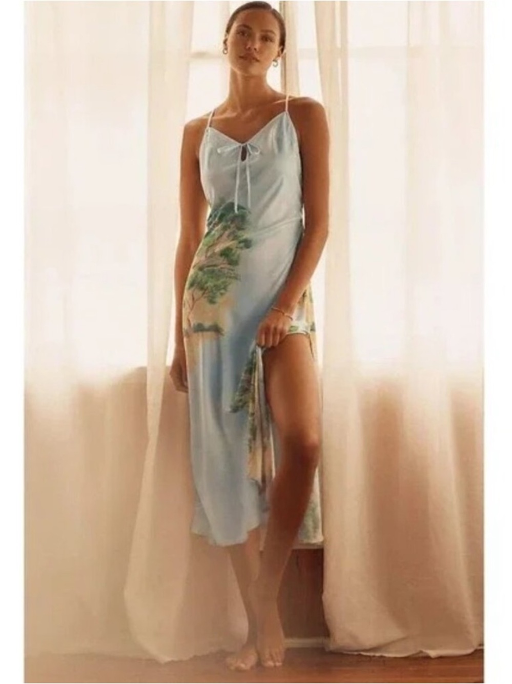 By Anthropologie Sleeveless Silky Slip Midi Dress Side Slit Trees Blue Green M